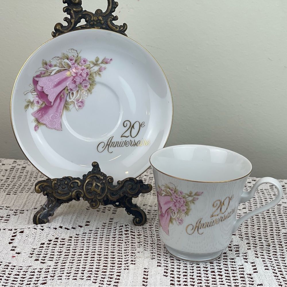 SAJI made in Japan Teacup and Saucer || 20th Anniversary written in French ||